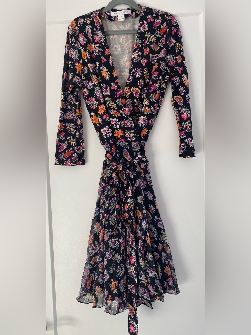 Diane Von Furstenberg Black Wrap Dress with Pink and Orange Floral Print